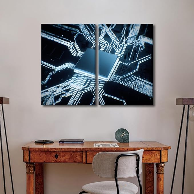 Semiconductor Chip Paintings for Living Room Pictures Circuit Boards Wall Art 3 Pieces Canvas Artwork Home Decorations Framed Gallery-Wrapped Stretched Ready to Hang, 24" Wx16 H