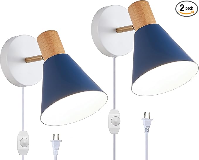 ClanKin Wall Sconces Lighting Set of 2 for Bedroom, Black Dimmable Wood Style Wall Sconce Reading Lamp, Adjustable Wall Light for Bedroom Hallway Living Room (Blue-Plug in, 2)