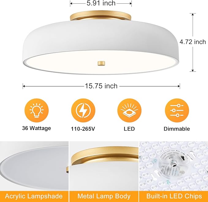 Dimmable LED Ceiling Light Fixture, 2700K-6000K 5CCT Modern Mid-Century Semi Flush Mount Ceiling Light, White Close to Ceiling Lamp for Bedroom, Living Room, Kitchen, Laundry Room, 15.7in