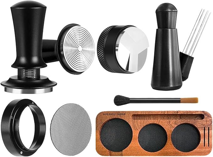 7 PCS Espresso Accessories Kit, Espresso Tamping Station, Coffee Tamper, Coffee Distributor, WDT Tool, Puck Screen, Dosing Funnel, Cleaning Brush, Barista Tools Set (53mm)