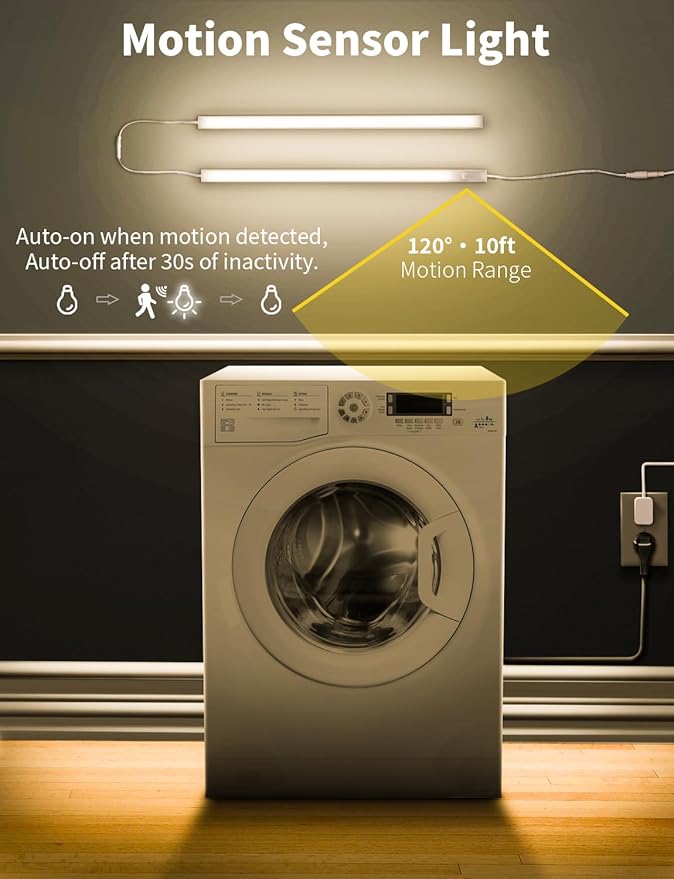Under Cabinet Lighting Motion Sensor Indoor Plug in, 16" 12V LED Under Counter Lights Super Bright Magnetic for Kitchen/Hallway/Toilet/Garage/Closet(Warm White/3000K, 3 Pack)