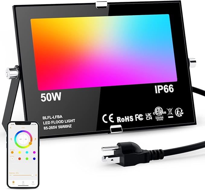 LED RGB Flood Light Outdoor 500W Equivalent, Smart Color Change & Daylight 5700K Landscape Lighting, IP66 Waterproof Patio Lights via App Control, Indoor Ambient Lighting, Uplighting for Yard Pathway