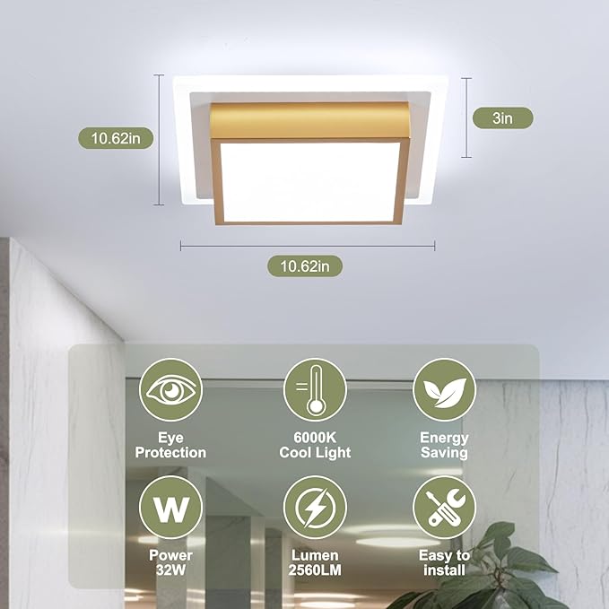Modern LED Ceiling Light, Hallway Ceiling Light, 6000K Cold White Flush Mount Ceiling Lamp, Square Hallway Lighting Fixtures for Living Room Bedroom Bathroom Kitchen