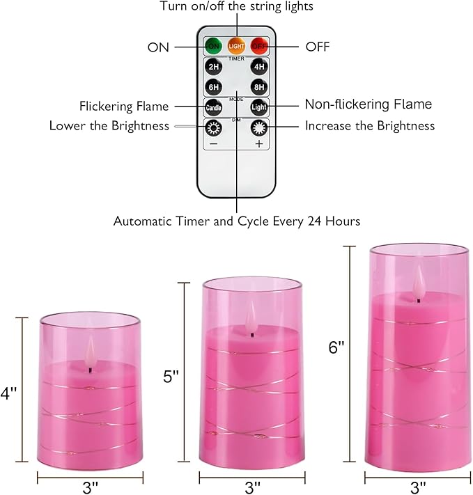 Homemory Flameless Candles with Embedded Star String Fairy Lights, Battery Operated Candles, LED Candle, Fake Candles with Remote Control and Timer, Pink, Set of 3(H 4" 5" 6”)