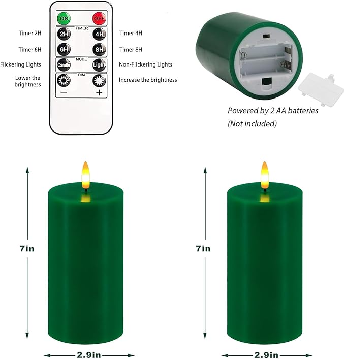 Green Flameless Candles, Set of 2 7"x3" Flickering LED Candles with Remote & Timer, Dimmable Electric Pillar Candles Battery Operated, Candles Light for Home St. Patrick's Christmas Decor (Green)