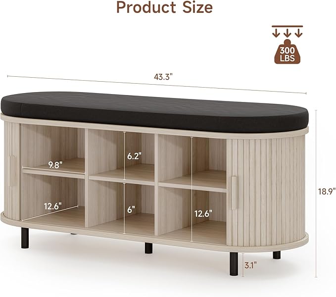 ONBRILL 43" Shoe Bench with Storage, Fluted Shoe Storage Bench with Cushion, Sliding Door and Adjustable Shelf, for Entryway, Hallway, Living Room, Natural White