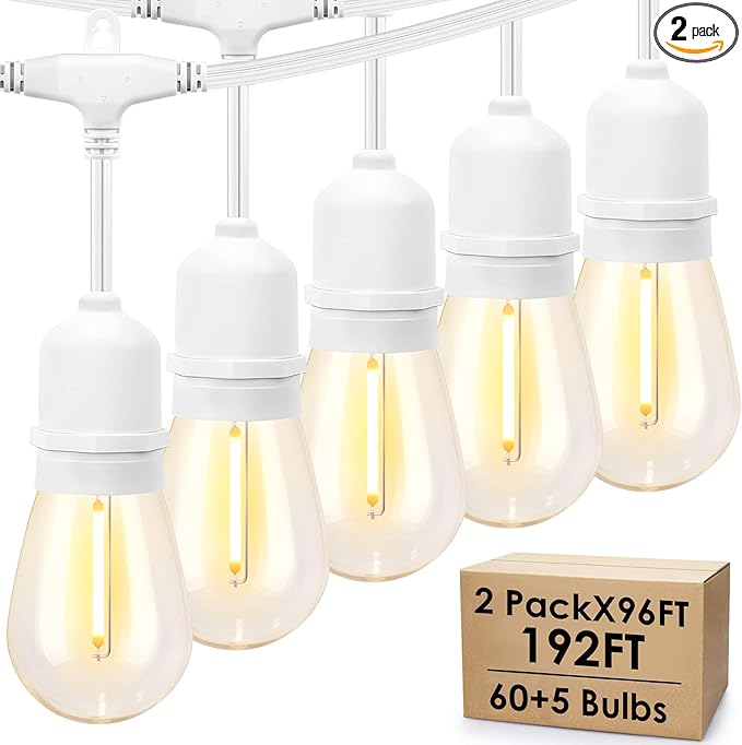 Mlambert 2 Pack 96FT Outdoor String Lights with 60+5 LED 2700K Plastic Bulbs, Dimmable Waterproof Lights for Patio Party-192FT in Total-White Cord