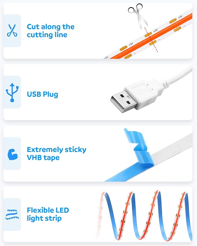 Aclorol COB LED Strip Light 5V USB 6.56FT/2M 640 LEDs Red LED Light Strip for Bedroom Flexible and Cuttble COB Tape Lights for Cabinet Display Home DIY Lighting Decoration CRI85+