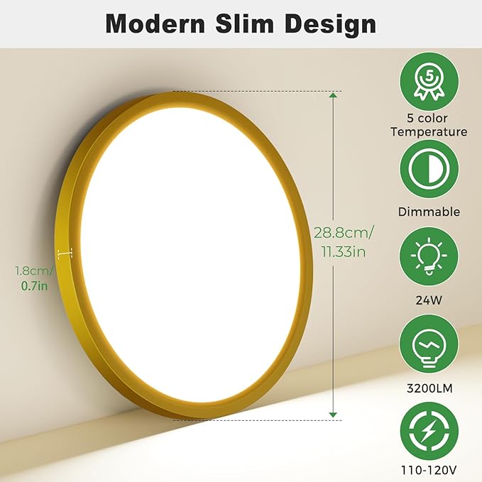 zemty 2Pack LED Flush Mount Ceiling Light, 12Inch 24W Dimmable Ceiling Lights Fixture, 5 Color Temperatures (3000K-6500K) Gold Round Ceiling Lamp for Bedroom, Kitchen, Hallway,Bathroom