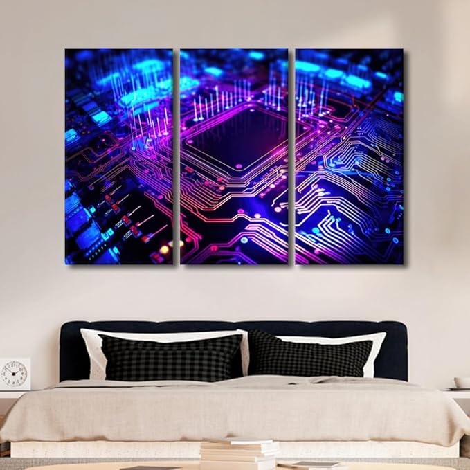 TUMOVO 3 Pieces Wall Art Circuit Board Pictures Paintings Canvas Print Semiconductor Chip Posters and Prints Modern Artwork Contemporary Home Decor Framed Ready to Hang, 60" Wx40 H