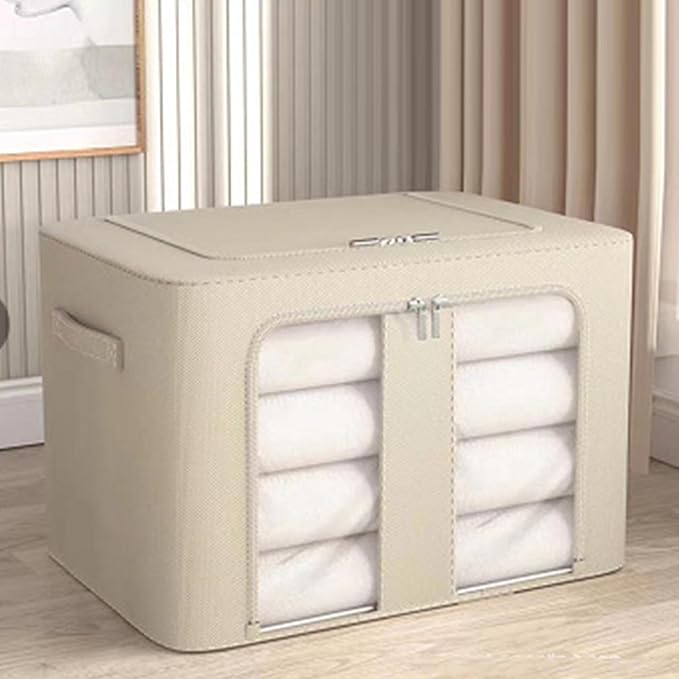 Kikumi Foldable Storage Box, Fabric Bin Organizer, Large Capacity Stackable Solid Steel Frame Structure Space Saving with Carrying Handle for Bedroom