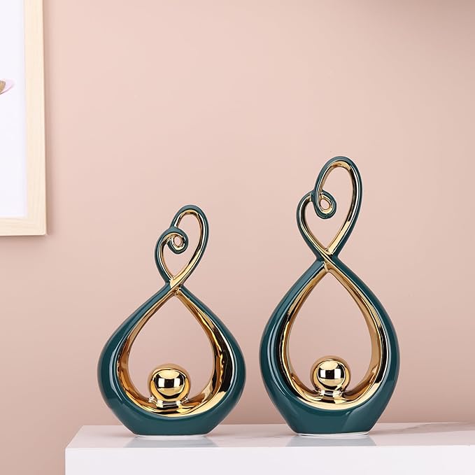 DOVDOV Modern Art Home Decor Statues, Unique Ceramic Abstract 2 Piece Set with Teal and Gold Accents for Home Decor Statues for Rooms, Bookshelves, Coffee Tables with Decorative Aesthetics.
