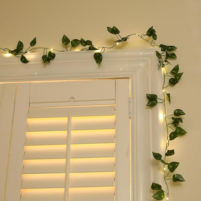 Extra Length 40ft 120 LED Vine with Fairy Lights Pothos String Lights USB Plugin & Battery Operated Leaf Lights with Timer 8 Modes Remote Decorative Light for Bedroom Wedding Party - Warm White