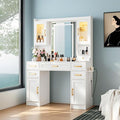 NUNU LAB 42 Inchs Large Vanity Desk with Mirror and Lights with 6 Drawers and 4 Cabinets, Big Women Makeup Table with Power Outlet, 3-Color Adjustable Lighting for Bedroom White