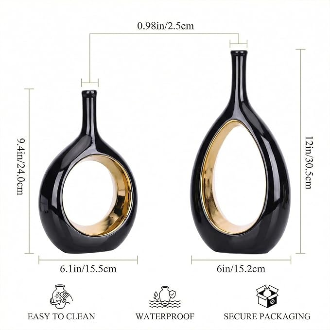 Black and Gold Vase Ceramic Black Vases Home Decor,Modern Minimalist Circle with Hole Decorative Vase, Hollow Ellipse Flower vases for Bookshelf, Fireplace Mantle, Centerpieces,Farmhouse,Rustic Décor