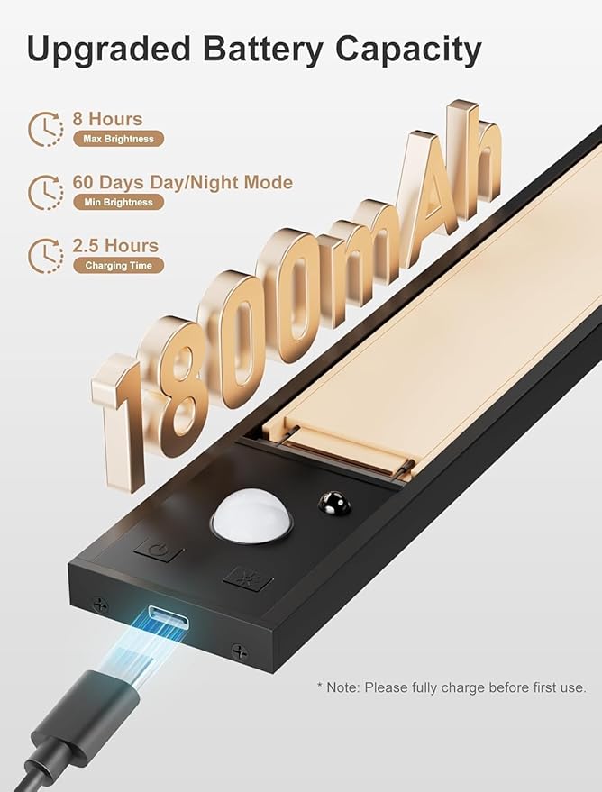 Motion Sensor Under Cabinet Lighting with Remote, Wireless, Aluminum Alloy, 56 LED, 3 Color Modes, 7 Brightness Levels, 3000mAh Battery, Magnetic (2pack -Lights CA-8inch)