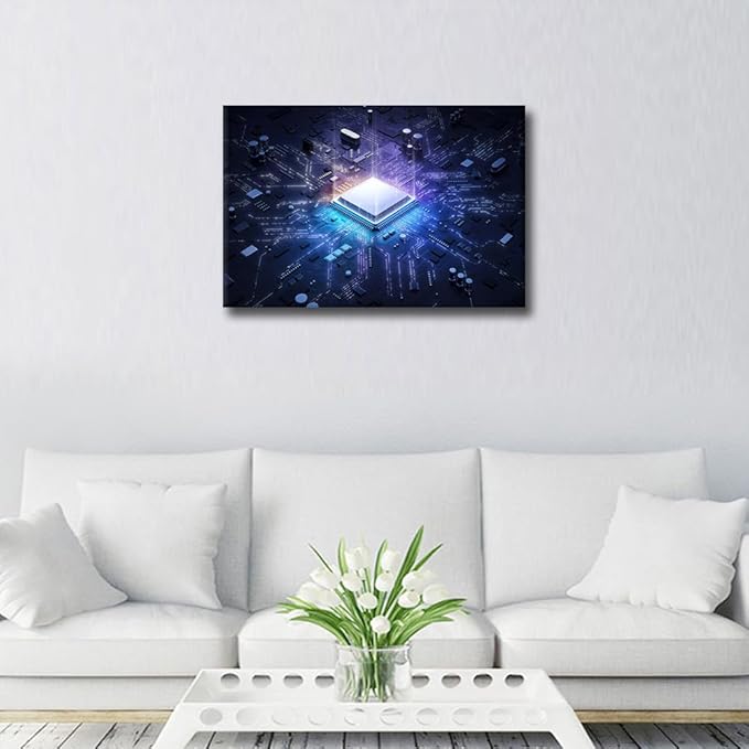 TUMOVO Wall Decor CPU Concept Canvas Wall Art Glowing CPU Modern Artwork for Office AI Picture Print on Canvas Wall Decorations Framed Ready to Hang for Living Bedroom Home, 24x16in