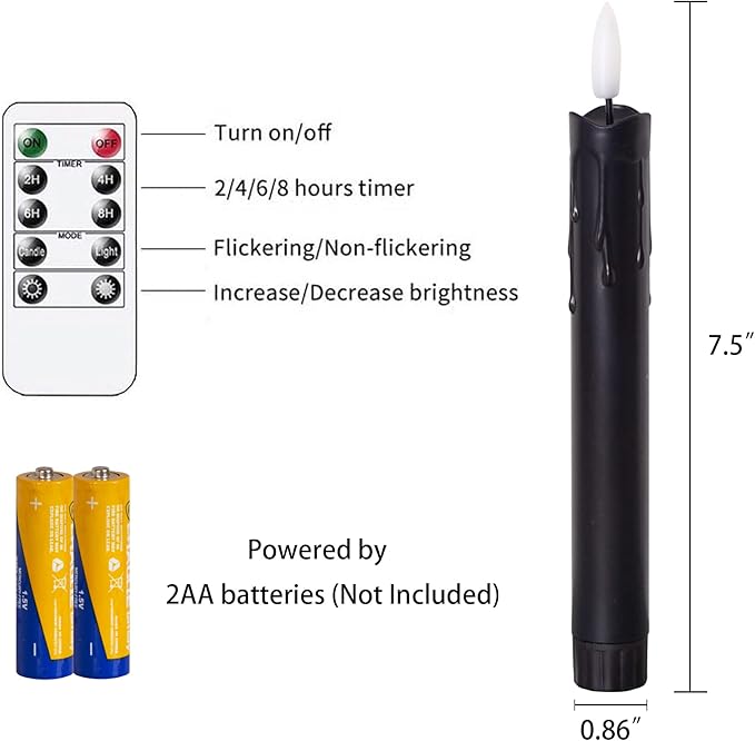 Flameless Flickering Taper Candles Two Remote, 7.5 Inch Black Battery Operated LED Window Candles Timer,Set of 8 Plastic 3D-Wick Dripping-Wax Effect Flameless Candlesticks(0.86”Dia,Warm Fire)