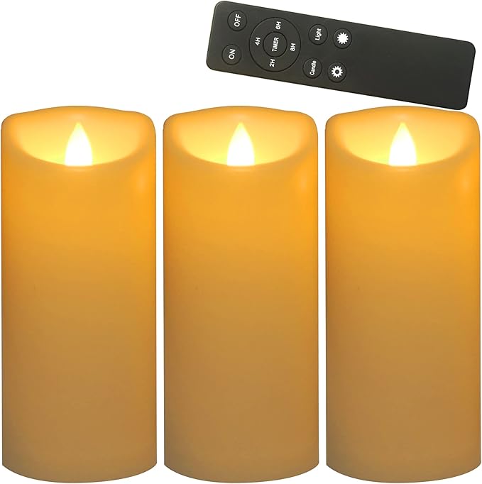 CANDLE CHOICE Outdoor Battery-Operated Flameless Candles with Remote Timer Waterproof Flickering Plastic Electric LED Pillar Lights for Lantern Patio Garden Wedding Halloween Christmas 3”x7” 3 Pack