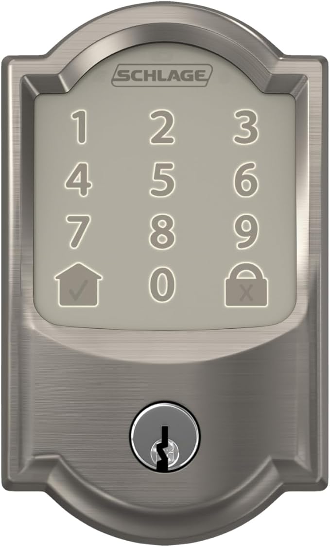 Schlage Encode Smart Wi-Fi Deadbolt Lock with Touchscreen Keypad, Keyless Front Door Entry, App Control, Alexa, Google Home and Airbnb Compatible, Satin Nickel, BE489WB CAM 619