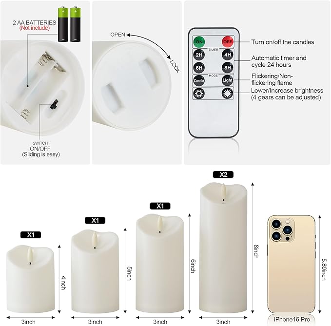 Raycare 3"x4"5" 6" 8" 8" Outdoor Waterproof Flameless Candles, Battery Operated LED Candles with Remote Control and Timer, Electric Fake Plastic Pillar Candles, Ivory White, Set of 5