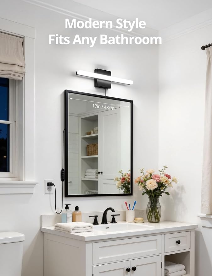 Combuh Black Plug in Vanity Light Bar Corded for Bathroom Lighting Fixture No Wiring, 16Inch 5 Colors Adjustable Dimmable Modern Bright Daylight Mirror Lamp for Wall Dressing Room Makeup(with Plug)