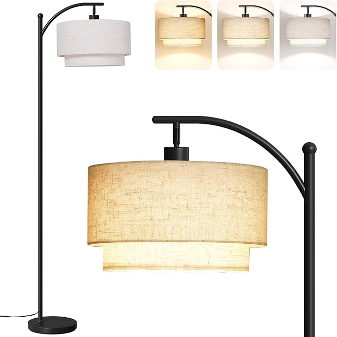 SUNMORY Floor Lamps for Living Room with 12W LED Bulb, Arc Floor Lamp with 3 Color Temperatures, Modern Floor Lamps with Adjustable Double Fabric Shades, Tall Standing Lamp for Bedroom, Corner