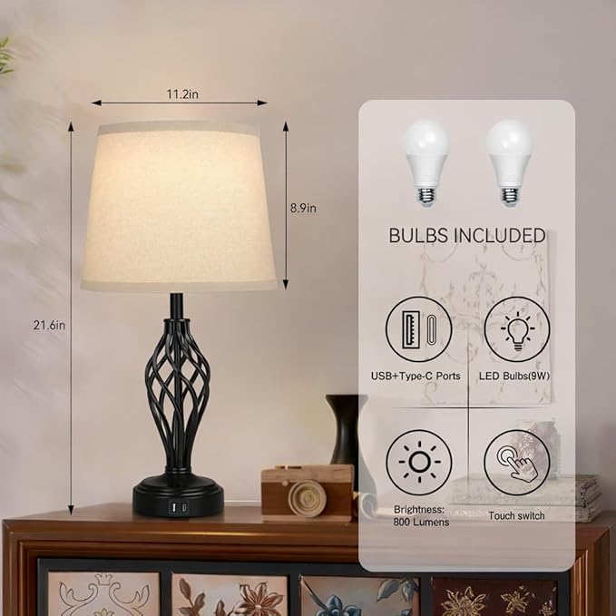 Touch Table Lamps Set of 2, nightstand lamp with USB Ports Bedside 3 Way Touch dimmer Desk lamp for Living Room Bedroom,Black Painted Spiral cage Base Design Warm White dimmer Bulbs Included.