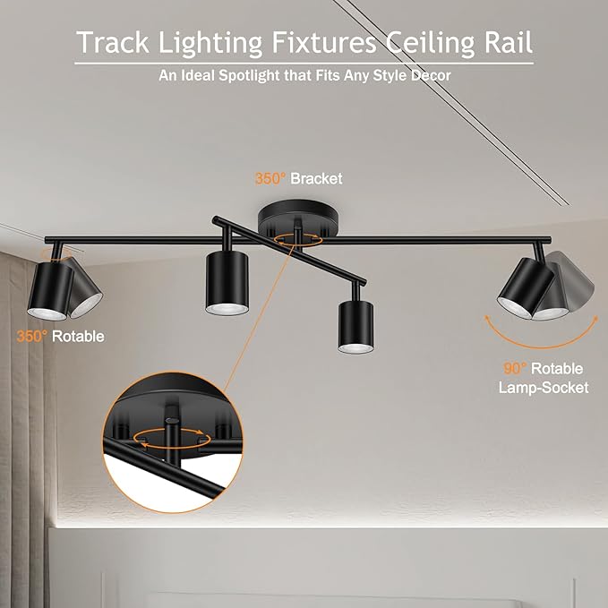 BoostArea 4 Light Track Lighting Kit, Black 4 Way Ceiling Spot Lighting, Center Swivel Track Light Heads, Flexibly Rotatable Light Head for Kitchen, Living Room, Bedroom, GU10 Bulb Not Included