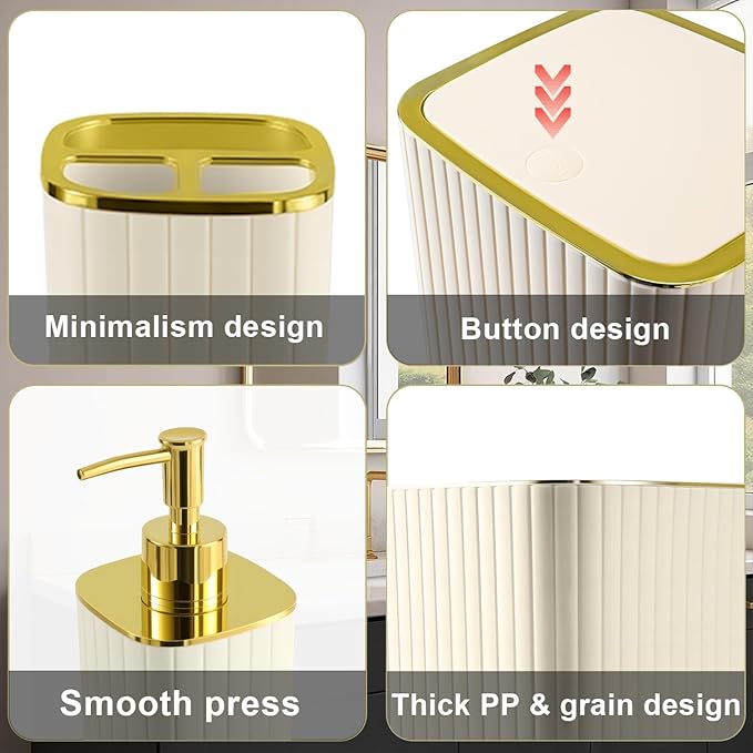 Bathroom Accessories Set-9PC Set, Complete Bathroom Decor & Home Decor, Bathroom Set with Toilet Brush, Trash Can, Soap Dispenser,Modern Home Bath (Beige&Gold, Bath Set)