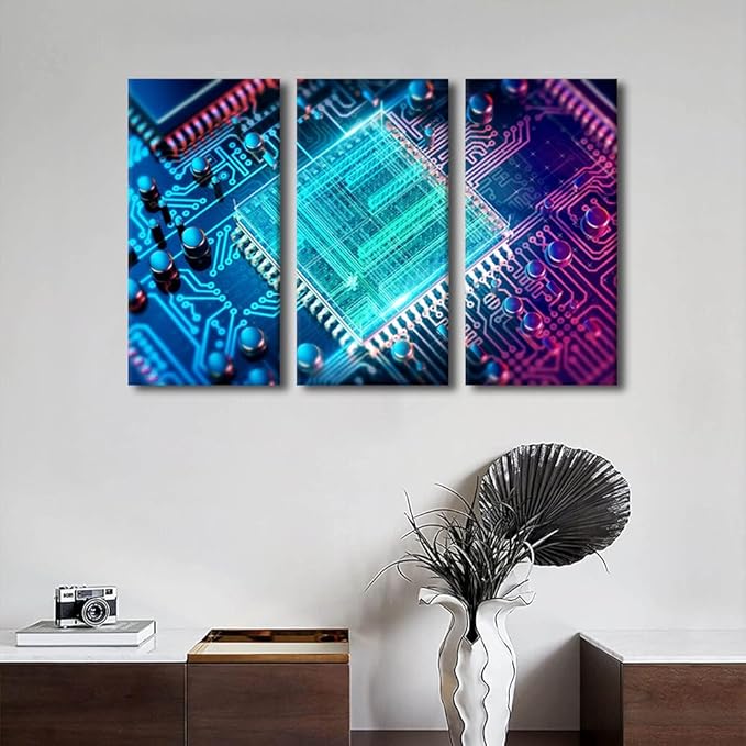 3 Panels Office Decor Wall Art Computer Processors CPU Circuit Board Black and White Wall Art CPU Concept for Living Room Bedroom Giclee Wooden Framed Gallery-Wrapped Ready to Hang(24" Wx36 H)