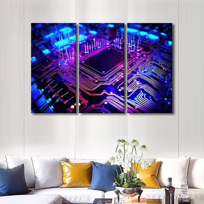 TUMOVO 3 Pieces Wall Art Circuit Board Pictures Paintings Canvas Print Semiconductor Chip Posters and Prints Modern Artwork Contemporary Home Decor Framed Ready to Hang, 60" Wx40 H