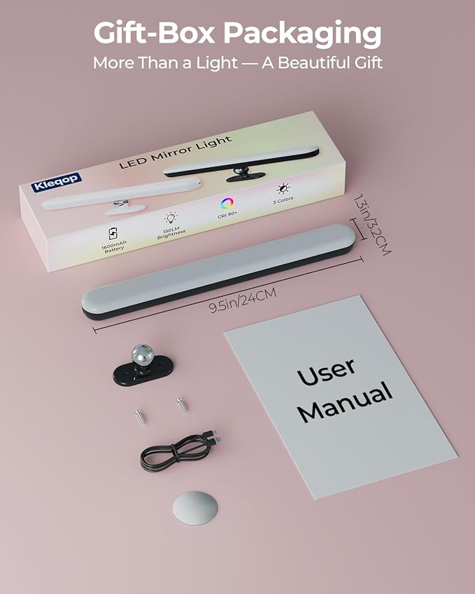 Wireless Rechargeable Bathroom Vanity Light – Black, 1600mAh Battery Operated Makeup Light Stick On, with 3 Color Modes & Touch Control, Adjustable Angle, USB-C Fast Charging for Above Mirror