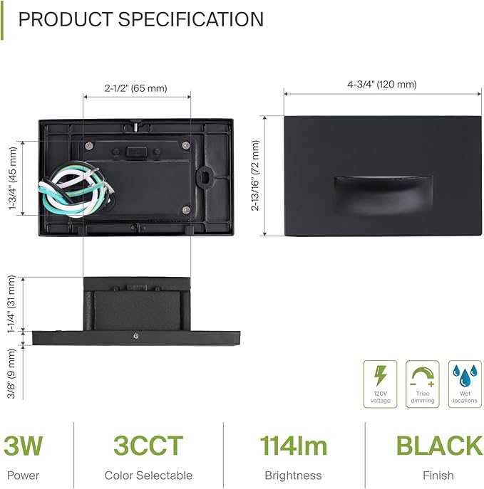 ASD LED Recessed Step Light Fixture, Outdoor & Indoor Stair Tread Lighting | 3CCT, Dimmable, Waterproof, ETL Listed | 3W 120LM 3000K-5000K 120V | Staircase Hardwired Illumination | Black, 12 Pack