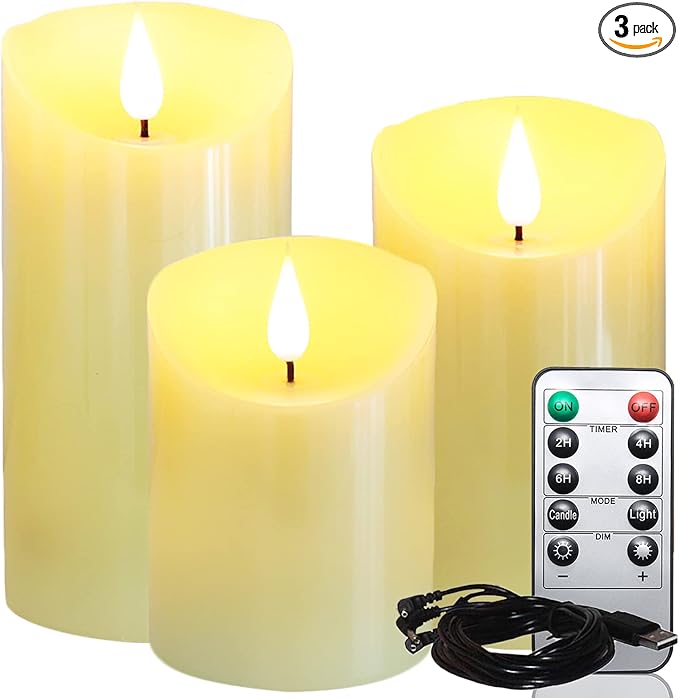 Lezonic Rechargeable Flickering Flameless Candles Battery Operated with Remote and Timer, Pack of 3(D 3'' X H 4''5''6'') Long Lasting Ivory White Real Wax LED USB Pillar Candles