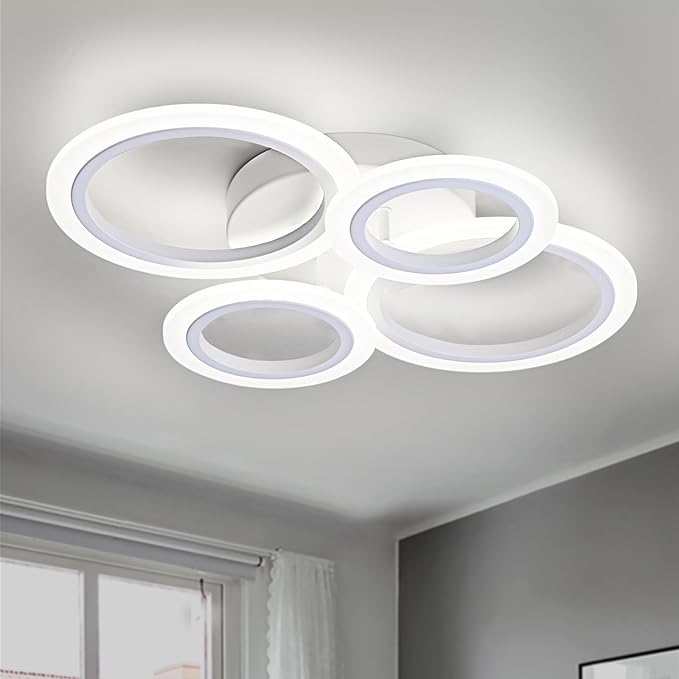 Vikaey Modern LED Flush Mount Ceiling Light, 4 Rings White Close to Ceiling Light Fixtures, Kitchen Lighting Fixture Ceiling Lamp for Bedroom, Living Room, Laundry Room, 4000K Not Dimmable