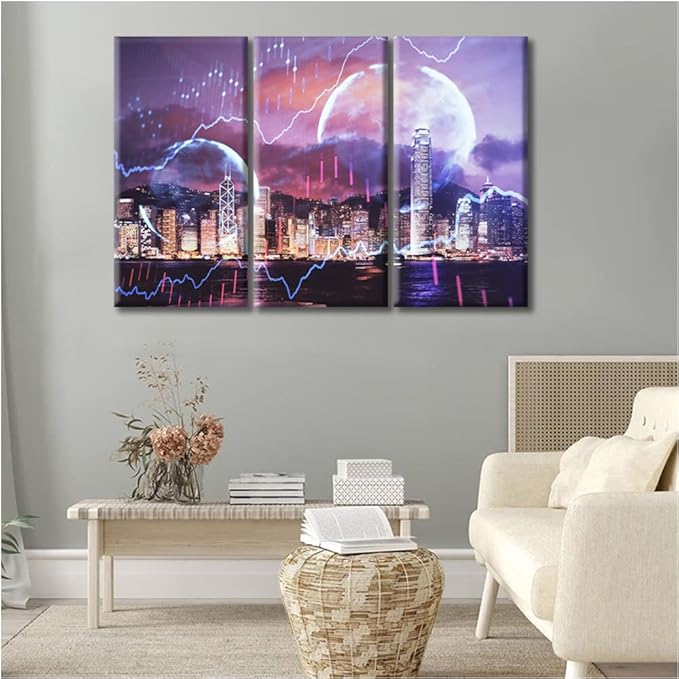 3 Piece Wall Decor Business and Financial Concept Canvas Paintings Pictures for Bedroom, Bathroom, Office. Forex Chart Drawings Over Cityscape Artwork Posters and Prints Ready to Hang (42"Wx28"H)
