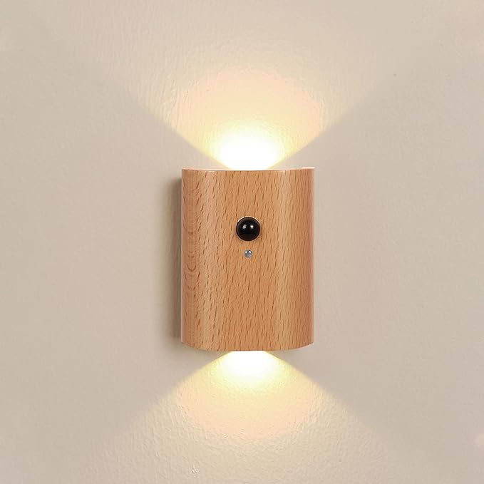 LANDGOO 1-Pack Wood Step Light with Motion Sensor, Rechargeable Stair Night Light, Beech Wood 2700K Warm White LED Wall Lamp, Easy No-Wire Installation for Hallway Bedroom