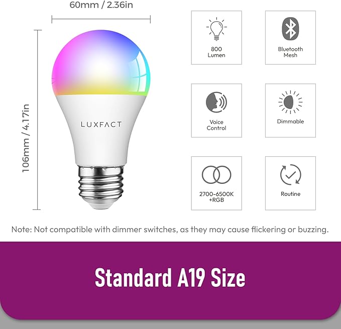 Alexa Light Bulbs, Smart Light Bulbs RGBCW Color Changing, A19 E26 Bluetooth Light Bulb Directly Compatible with Alexa/Smart Life, No WiFi Required, 9W 800LM 60W Equivalent, 6 Pack
