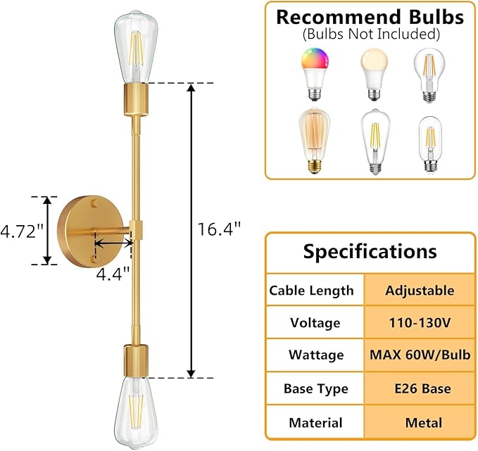 FadimiKoo 2-Light Golden Bathroom Wall Sconces Lighting, Modern Vanity Light Over Mirror, Brushed Brass Indoor Wall Mounted Lamp for Bathroom Hallway Bedside Kitchen (2 Pack)