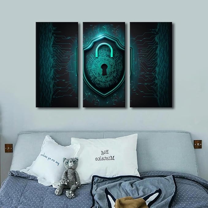 TUMOVO Modern Wall Art for Living Room Multi Panel Internet Network Locker Technology Wall Decor Colorful Data Security Picture Poster Canvas Art Stretched Framed Ready to Hang, 42" Wx28 H