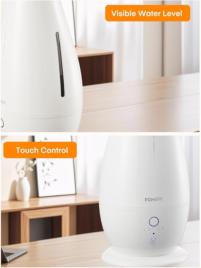 FOHERE Humidifiers for Bedroom Large Room, 5L Cool Mist Quiet Humidifier 48H Long Last for Indoor Plant, Baby, Home, Office with Humidity Sensor, Aroma Box, 3 Speed Settings, White