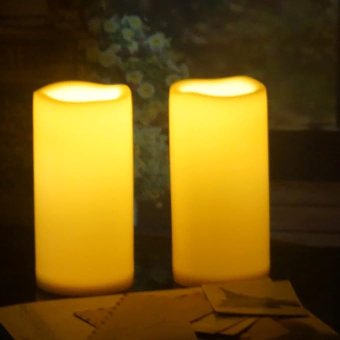 Battery Operated Plastic Flameless LED Pillar Candle with Cycling Timer, 4''x8'' Realistic Flickering Electric Light for Outdoor Bookshelf Wedding Dinner Party Centerpiece Fireplace Decor 2 Pack