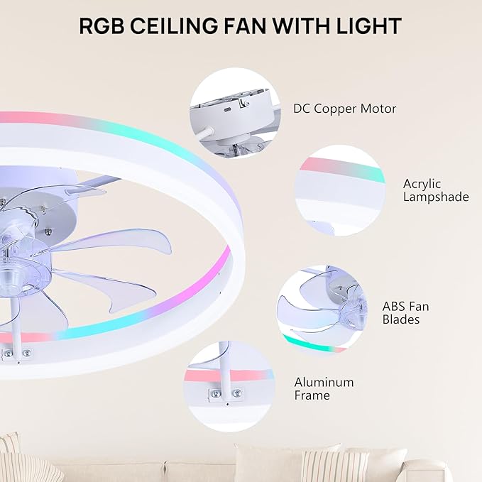 RGB Ceiling Fans with Lights, 20" Fandelier Low Profile Ceiling Fan with Light, Modern Flush Mount Ceiling Fan Light with Remote/APP Control, Bedroom Chandelier Fan Fixture for Indoor(White)
