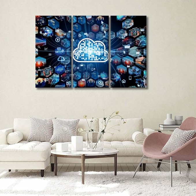 Wall Decor 3 Pieces Cloud Computing Concept Communication Network Posters and Prints, Artwork Giclee Stretched Framed Gallery-Wrapped, 20x40inchx3