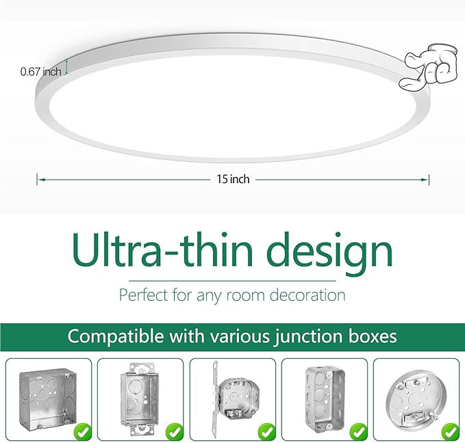 Brightever 15 Inch Large Flush Mount Ceiling Light Fixtures, 3800LM 300W Equivalent, 2700K-6500K Selectable, 0.67 Inch Extremely Thin 30W Modern Dimmable Flat LED Ceiling Lights for Bathroom, 2 Packs