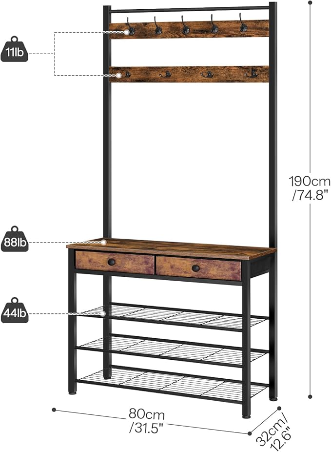 HOOBRO Hall Tree, Entryway Coat and Shoe Rack, 2 Fabric Drawers, Hall Tree with Bench, Shoe and Coat Rack, Coat Rack with Shoe Storage, 4 Tier Shoe Organizer, 9 Hooks, Rustic Brown and Black BF81MT01