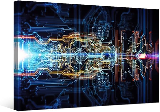 Abstract Technological Background Canvas Wall Art for Living Room Circuit Board Wall Painting Electronic PC Picture for Office Home Wall Decorations Framed Wall Decor Ready to Hang 12X16 INCH