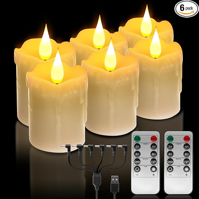6 PCS Real Wax Rechargeable Flameless Warm White LED Candles,Remote Control,D2 x H4”,Brightness Adjustable Flickering Battery Operated Tea Lights Candles with timer,for Christmas,Home,Halloween Decor
