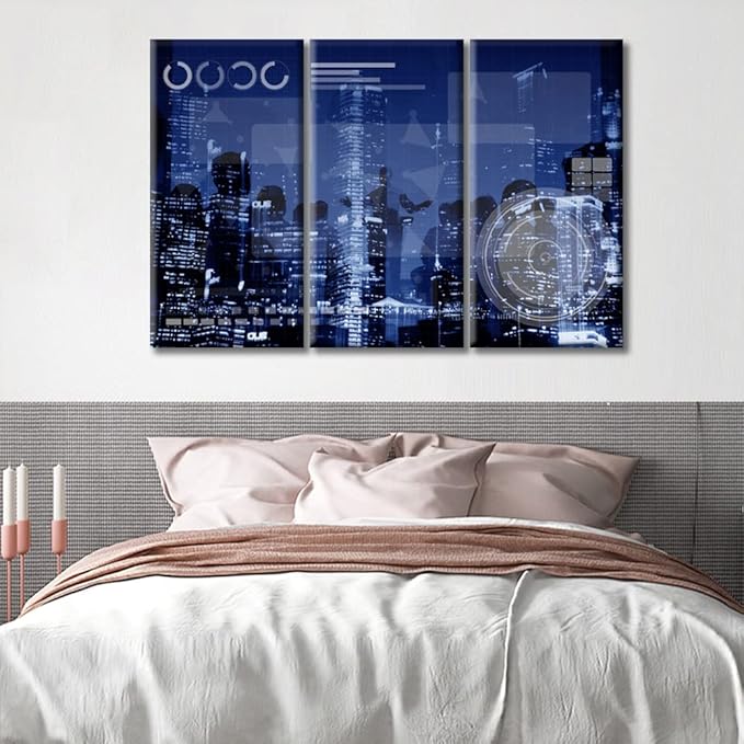 3 Pieces Technology Connection Online Networking Medias Concept Pictures Wall Decor for Bedroom Smart City Artwork Print on Canvas Giclee Wooden Framed Gallery-Wrapped Ready to Hang (60"Wx40"H)